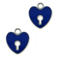 Metalen bedel Hartje met sleutelgat - Antiek zilver blauw